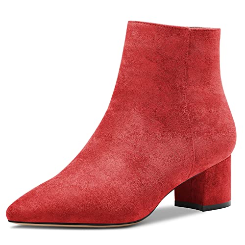 Saekcted Damen Chunky Blockabsatz Niedrige Absatz Heel Geschlossene Spitze Zehenkappe Stiefeletten Reißverschluss Büroschuhe Klassisch Schuhe Rot 40 EU von Saekcted