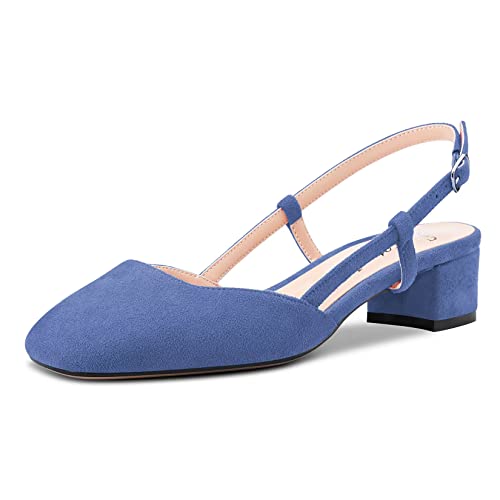 Saekcted Damen Chunky Blockabsatz Niedrige Kitten Absatz Heel Eckige Zehenkappe Slingback Pumps Hochzeit Büroschuhe Dress 3.5 CM Heels Blau 43 EU von Saekcted