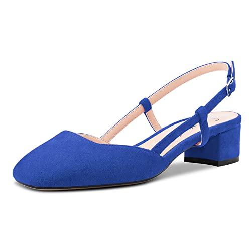 Saekcted Damen Chunky Blockabsatz Niedrige Kitten Absatz Heel Eckige Zehenkappe Slingback Pumps Hochzeit Büroschuhe Dress 3.5 CM Heels Blau A 42 EU von Saekcted