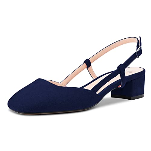 Saekcted Damen Chunky Blockabsatz Niedrige Kitten Absatz Heel Eckige Zehenkappe Slingback Pumps Hochzeit Büroschuhe Dress 3.5 CM Heels Navy Blau 36 EU von Saekcted