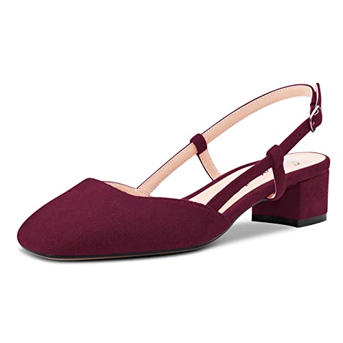 Saekcted Damen Chunky Blockabsatz Niedrige Kitten Absatz Heel Eckige Zehenkappe Slingback Pumps Hochzeit Büroschuhe Dress 3.5 cm Heels Burgund Rot 39 EU von Saekcted