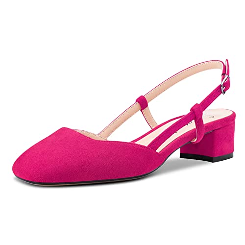 Saekcted Damen Chunky Blockabsatz Niedrige Kitten Absatz Heel Eckige Zehenkappe Slingback Pumps Hochzeit Büroschuhe Dress 3.5 CM Heels Magenta Rot 40 EU von Saekcted