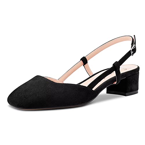 Saekcted Damen Chunky Blockabsatz Niedrige Kitten Absatz Heel Eckige Zehenkappe Slingback Pumps Hochzeit Büroschuhe Dress 3.5 CM Heels Schwarz 42 EU von Saekcted