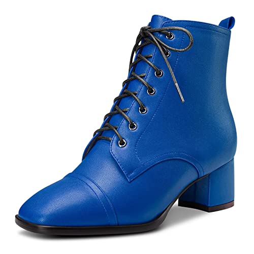 Saekcted Damen Chunky Blockabsatz Niedrige Kitten Absatz Heel Eckige Zehenkappe Stiefeletten Schnüren Schnürung Reißverschluss Stiefel Blau A 39 EU von Saekcted