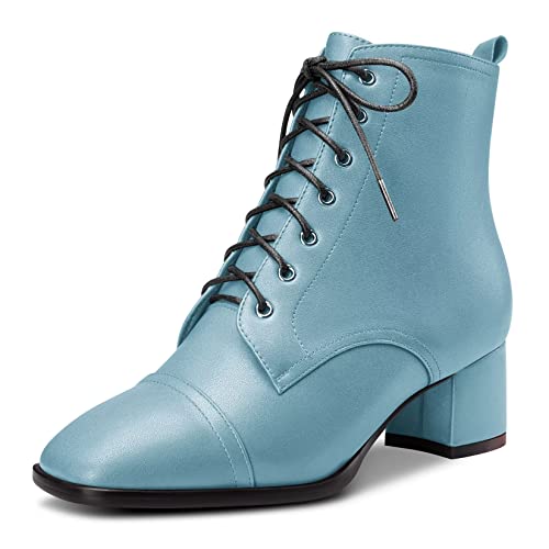 Saekcted Damen Chunky Blockabsatz Niedrige Kitten Absatz Heel Eckige Zehenkappe Stiefeletten Schnüren Schnürung Reißverschluss Stiefel Blau B 35 EU von Saekcted