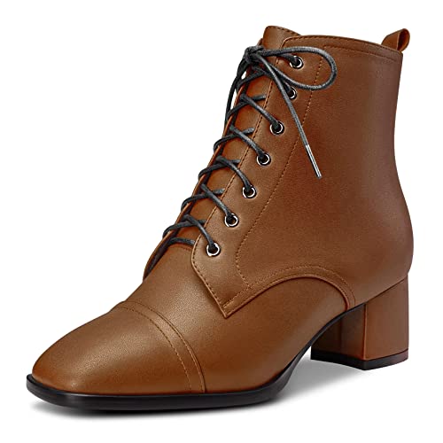 Saekcted Damen Chunky Blockabsatz Niedrige Kitten Absatz Heel Eckige Zehenkappe Stiefeletten Schnüren Schnürung Reißverschluss Stiefel Braun 42 EU von Saekcted