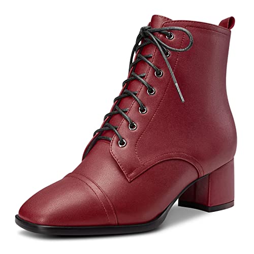 Saekcted Damen Chunky Blockabsatz Niedrige Kitten Absatz Heel Eckige Zehenkappe Stiefeletten Schnüren Schnürung Reißverschluss Stiefel Burgund Rot 35 EU von Saekcted