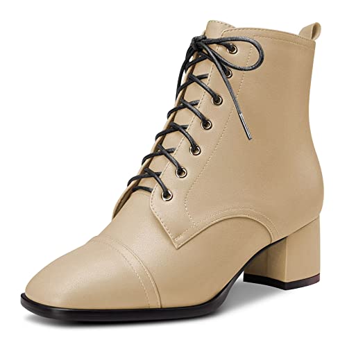 Saekcted Damen Chunky Blockabsatz Niedrige Kitten Absatz Heel Eckige Zehenkappe Stiefeletten Schnüren Schnürung Reißverschluss Stiefel Gold 40 EU von Saekcted