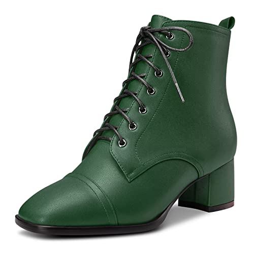 Saekcted Damen Chunky Blockabsatz Niedrige Kitten Absatz Heel Eckige Zehenkappe Stiefeletten Schnüren Schnürung Reißverschluss Stiefel Grün 43 EU von Saekcted