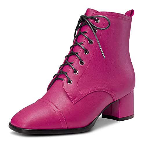 Saekcted Damen Chunky Blockabsatz Niedrige Kitten Absatz Heel Eckige Zehenkappe Stiefeletten Schnüren Schnürung Reißverschluss Stiefel Magenta Rot 38 EU von Saekcted