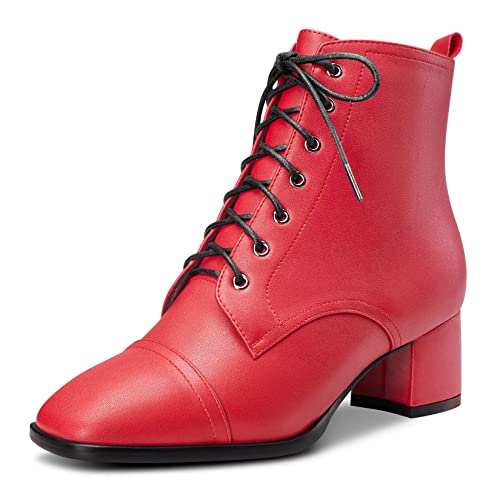 Saekcted Damen Chunky Blockabsatz Niedrige Kitten Absatz Heel Eckige Zehenkappe Stiefeletten Schnüren Schnürung Reißverschluss Stiefel Rot 39 EU von Saekcted