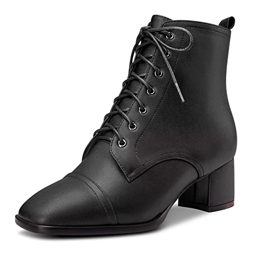 Saekcted Damen Chunky Blockabsatz Niedrige Kitten Absatz Heel Eckige Zehenkappe Stiefeletten Schnüren Schnürung Reißverschluss Stiefel Schwarz 40 EU von Saekcted