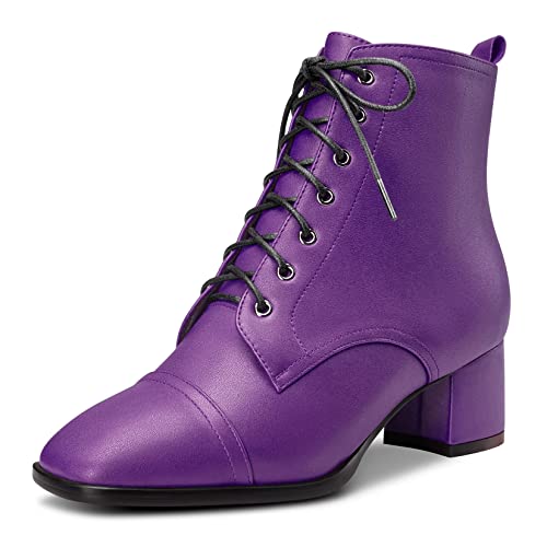 Saekcted Damen Chunky Blockabsatz Niedrige Kitten Absatz Heel Eckige Zehenkappe Stiefeletten Schnüren Schnürung Reißverschluss Stiefel Violett A 37 EU von Saekcted