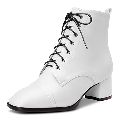 Saekcted Damen Chunky Blockabsatz Niedrige Kitten Absatz Heel Eckige Zehenkappe Stiefeletten Schnüren Schnürung Reißverschluss Stiefel Weiß 37 EU von Saekcted