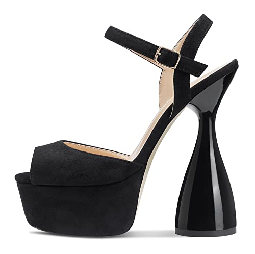 Saekcted Damen Chunky High Heels Plattform Mode Peep-Toe Sandalen Riemchen Sandale 15CM Absatz Schuhe für Hochzeit Kleid Schwarz Wildleder 44 EU von Saekcted