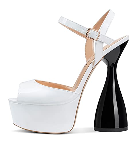 Saekcted Damen Chunky High Heels Plattform Mode Peep-Toe Sandalen Riemchen Sandale 15CM Absatz Schuhe für Hochzeit Kleid Weiß Lackleder 40 EU von Saekcted
