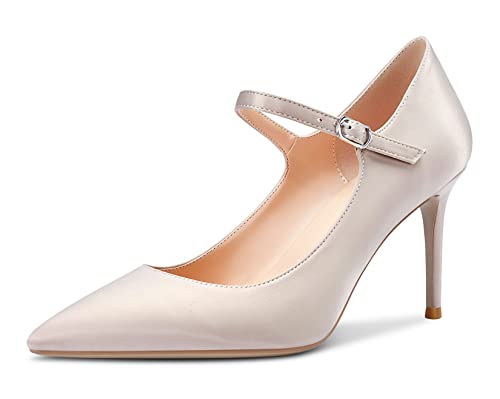Saekcted Damen High Heels Pumps Mary Jane Schuhe Spitze Zehe Stilettos Abendschuhe 8CM Heel Beige Satin 42 EU von Saekcted