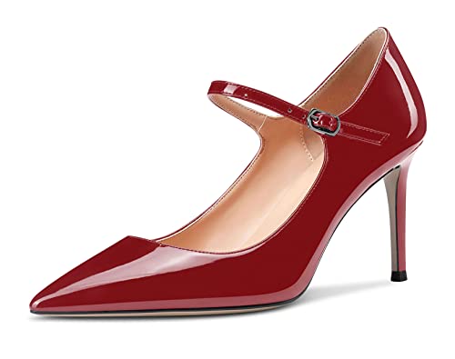 Saekcted Damen High Heels Pumps Mary Jane Schuhe Spitze Zehe Stilettos Abendschuhe 8CM Heel Burgundy Lackleder 38 EU von Saekcted