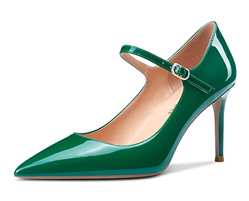 Saekcted Damen High Heels Pumps Mary Jane Schuhe Spitze Zehe Stilettos Abendschuhe 8CM Heel Grün Lackleder 39 EU von Saekcted
