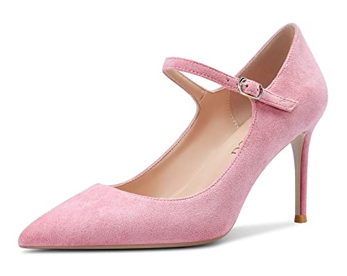 Saekcted Damen High Heels Pumps Mary Jane Schuhe Spitze Zehe Stilettos Abendschuhe 8CM Heel Rosa Wildleder 38 EU von Saekcted