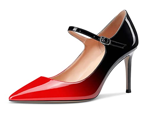 Saekcted Damen High Heels Pumps Mary Jane Schuhe Spitze Zehe Stilettos Abendschuhe 8CM Heel Rot Schwarz Lackleder 37 EU von Saekcted