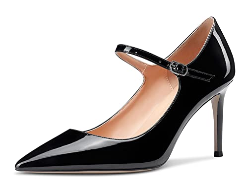 Saekcted Damen High Heels Pumps Mary Jane Schuhe Spitze Zehe Stilettos Abendschuhe 8CM Heel Schwarz Lackleder 35 EU von Saekcted