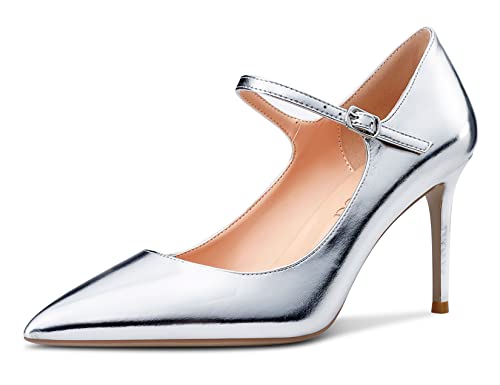 Saekcted Damen High Heels Pumps Mary Jane Schuhe Spitze Zehe Stilettos Abendschuhe 8CM Heel Silber Matt 36 EU von Saekcted
