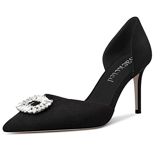 Saekcted Damen Hoher High Absatz Heel Spitze Zehenkappe Pumps Two-Piece Slip-on Diamant Kristall Lässig Dress 8 cm Heels Schwarz 42 EU von Saekcted