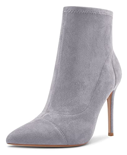 Saekcted Damen Hoher High Absatz Heel Stiletto Spitze Zehenkappe Stiefeletten Slip-on Klassisch Dress Büroschuhe Party Stiefel 10 CM Heels Grau Wildleder 37 EU von Saekcted