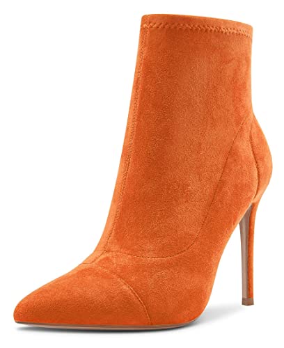 Saekcted Damen Hoher High Absatz Heel Stiletto Spitze Zehenkappe Stiefeletten Slip-on Klassisch Dress Büroschuhe Party Stiefel 10 CM Heels Orange Wildleder 37 EU von Saekcted