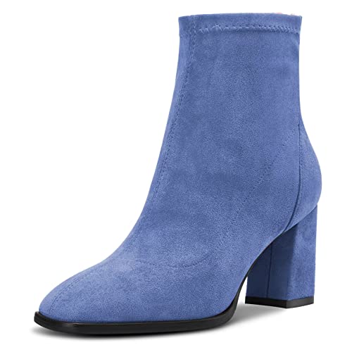 Saekcted Damen Hoher High Chunky Blockabsatz Absatz Heel Geschlossene Eckige Zehenkappe Stiefeletten Slip-on Klassisch Reißverschluss 7.5 CM Heels Schuhe Blau 40 EU von Saekcted
