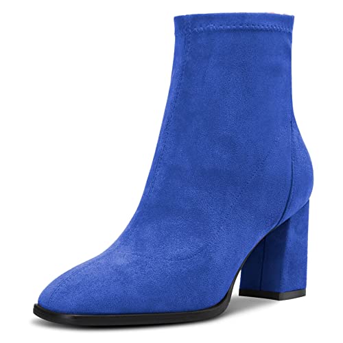 Saekcted Damen Hoher High Chunky Blockabsatz Absatz Heel Geschlossene Eckige Zehenkappe Stiefeletten Slip-on Klassisch Reißverschluss 7.5 CM Heels Schuhe Blau A 39 EU von Saekcted