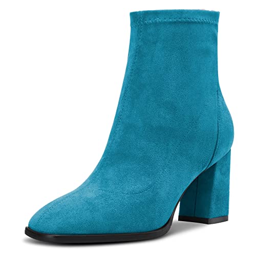 Saekcted Damen Hoher High Chunky Blockabsatz Absatz Heel Geschlossene Eckige Zehenkappe Stiefeletten Slip-on Klassisch Reißverschluss 7.5 CM Heels Schuhe Blau B 39 EU von Saekcted