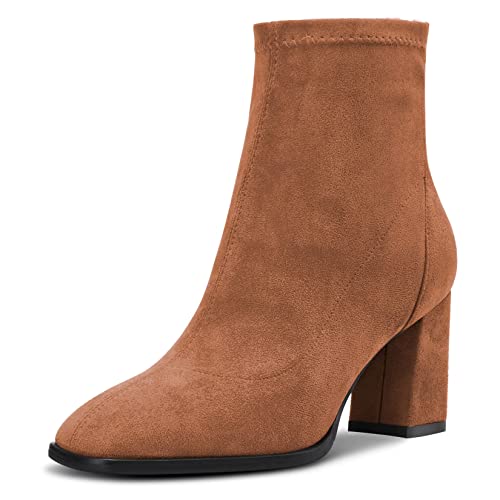 Saekcted Damen Hoher High Chunky Blockabsatz Absatz Heel Geschlossene Eckige Zehenkappe Stiefeletten Slip-on Klassisch Reißverschluss 7.5 CM Heels Schuhe Braun A 42 EU von Saekcted