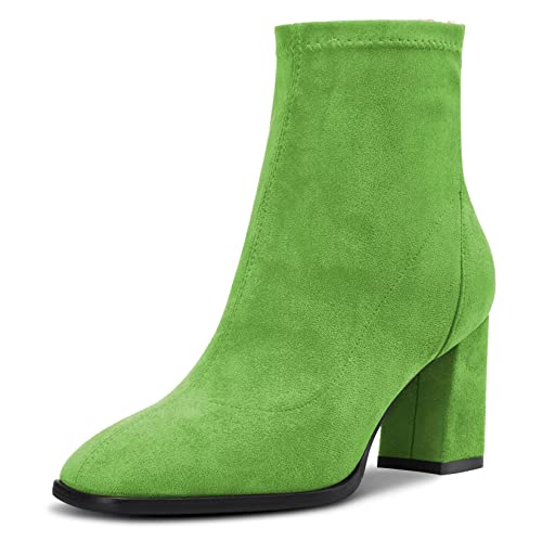 Saekcted Damen Hoher High Chunky Blockabsatz Absatz Heel Geschlossene Eckige Zehenkappe Stiefeletten Slip-on Klassisch Reißverschluss 7.5 CM Heels Schuhe Grün 40 EU von Saekcted