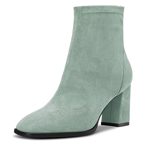 Saekcted Damen Hoher High Chunky Blockabsatz Absatz Heel Geschlossene Eckige Zehenkappe Stiefeletten Slip-on Klassisch Reißverschluss 7.5 CM Heels Schuhe Grün A 39 EU von Saekcted