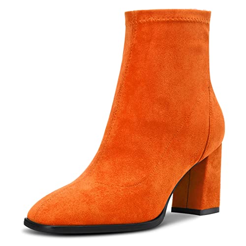 Saekcted Damen Hoher High Chunky Blockabsatz Absatz Heel Geschlossene Eckige Zehenkappe Stiefeletten Slip-on Klassisch Reißverschluss 7.5 CM Heels Schuhe Orange 36 EU von Saekcted