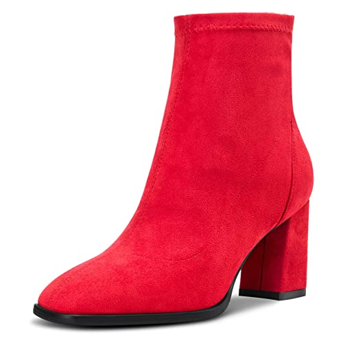 Saekcted Damen Hoher High Chunky Blockabsatz Absatz Heel Geschlossene Eckige Zehenkappe Stiefeletten Slip-on Klassisch Reißverschluss 7.5 CM Heels Schuhe Rot A 36 EU von Saekcted