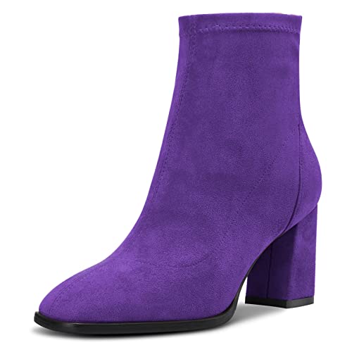 Saekcted Damen Hoher High Chunky Blockabsatz Absatz Heel Geschlossene Eckige Zehenkappe Stiefeletten Slip-on Klassisch Reißverschluss 7.5 CM Heels Schuhe Violett 39 EU von Saekcted