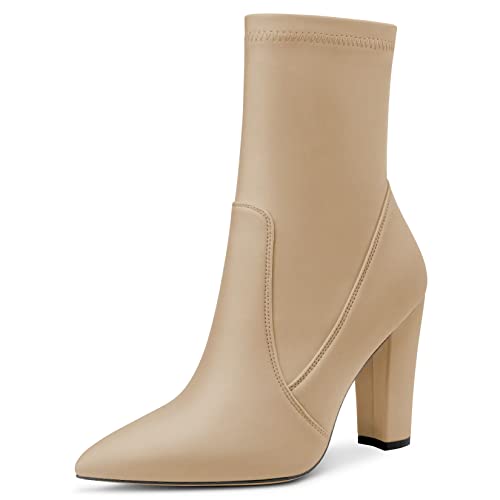 Saekcted Damen Hoher High Chunky Blockabsatz Absatz Heel Geschlossene Spitze Zehenkappe Stiefeletten Slip-on Reißverschluss Cute Dress Schuhe Beige Satin 39 EU von Saekcted