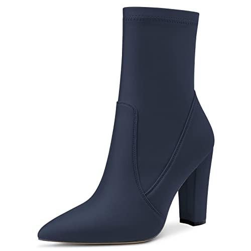 Saekcted Damen Hoher High Chunky Blockabsatz Absatz Heel Geschlossene Spitze Zehenkappe Stiefeletten Slip-on Reißverschluss Cute Dress Schuhe Blau Satin B 42 EU von Saekcted