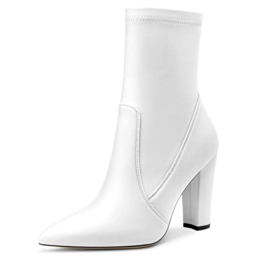 Saekcted Damen Hoher High Chunky Blockabsatz Absatz Heel Geschlossene Spitze Zehenkappe Stiefeletten Slip-on Reißverschluss Cute Dress Schuhe Weiß Satin 38 EU von Saekcted