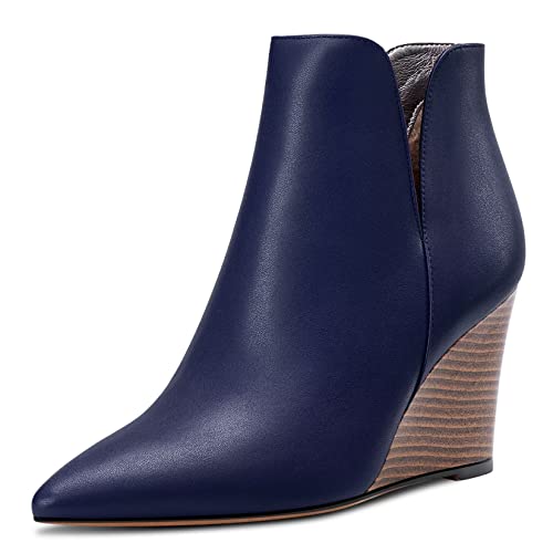 Saekcted Damen Hoher High Keilabsatz Absatz Heel Geschlossene Spitze Zehenkappe Stiefeletten Two-Piece Klassisch Slip-on Schuhe Blau 43 EU von Saekcted