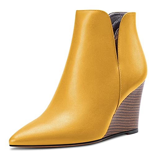 Saekcted Damen Hoher High Keilabsatz Absatz Heel Geschlossene Spitze Zehenkappe Stiefeletten Two-Piece Klassisch Slip-on Schuhe Gelb 39 EU von Saekcted