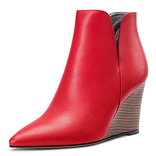 Saekcted Damen Hoher High Keilabsatz Absatz Heel Geschlossene Spitze Zehenkappe Stiefeletten Two-Piece Klassisch Slip-on Schuhe Rot A 40 EU von Saekcted