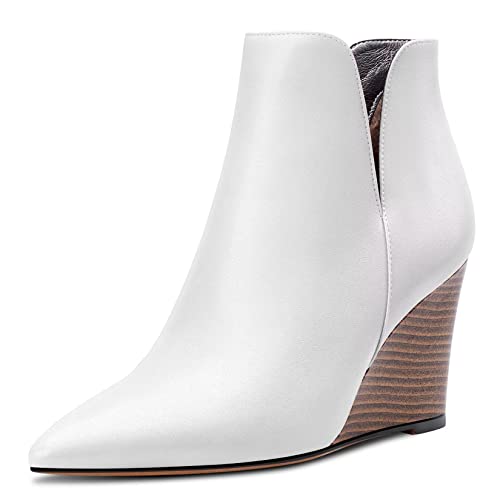 Saekcted Damen Hoher High Keilabsatz Absatz Heel Geschlossene Spitze Zehenkappe Stiefeletten Two-Piece Klassisch Slip-on Schuhe Weiß 36 EU von Saekcted