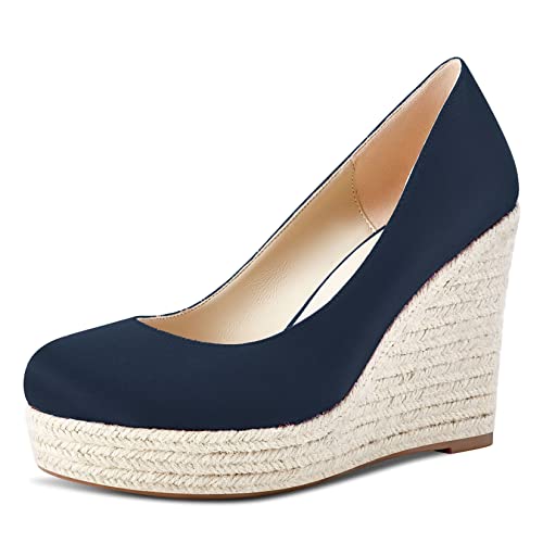 Saekcted Damen Hoher High Keilabsatz Plateau Plattform Absatz Heel Geschlossene Runde Zehenkappe Pumps Slip-on Hochzeit Sexy Dress Schuhe Blau B 37 EU von Saekcted