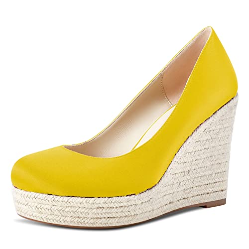 Saekcted Damen Hoher High Keilabsatz Plateau Plattform Absatz Heel Geschlossene Runde Zehenkappe Pumps Slip-on Hochzeit Sexy Dress Schuhe Gelb 39 EU von Saekcted