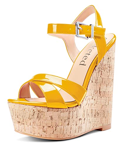 Saekcted Damen Hoher High Keilabsatz Plateau Plattform Absatz Heel Peep Open Zehenkappe Knöchelriemen Sandalen Slingback Cute Dress Schuhe 15 CM Heels Gelb 39 EU von Saekcted
