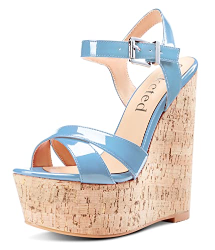 Saekcted Damen Hoher High Keilabsatz Plateau Plattform Absatz Heel Peep Open Zehenkappe Knöchelriemen Sandalen Slingback Cute Dress Schuhe 15 CM Heels Hellblau 42 EU von Saekcted